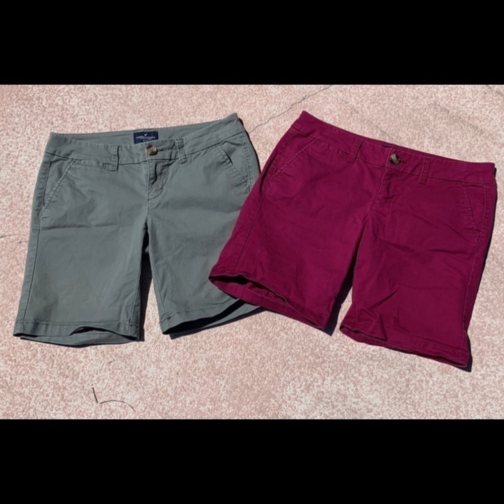 LOT OF 2 AMERICAN EAGLE OUTFITTERS AEO OLIVE BURGUNDY BERMUDA SHORTS 2